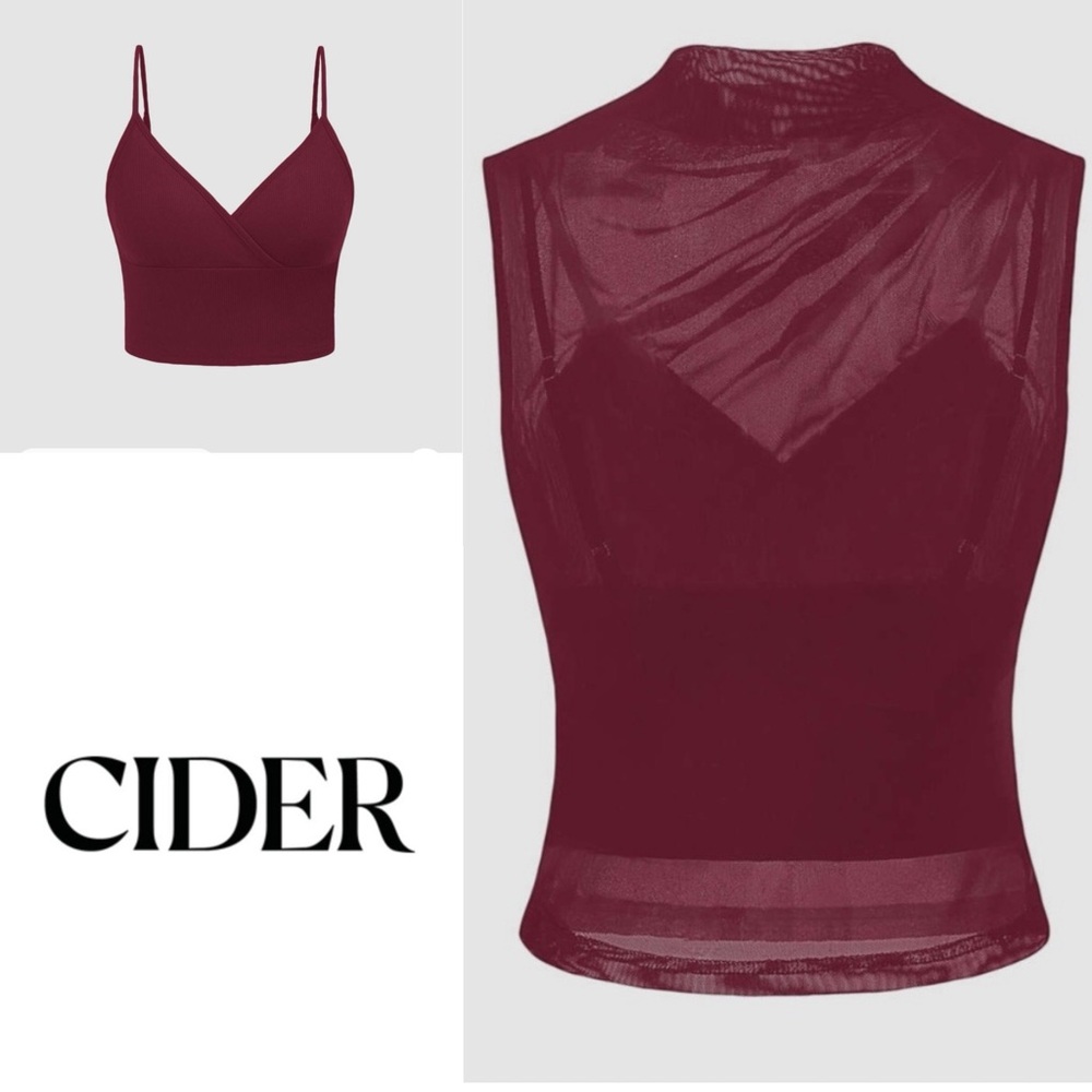 MESH HIGH NECK SOLID TANK TOP & CROP CAMI TOP / CIDER / Bralette